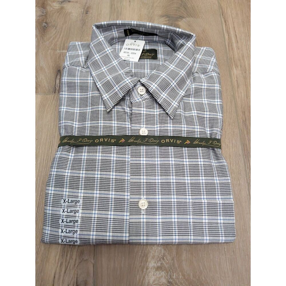 Orvis Plaid Signature Twill Shirt Sz XL LS Glen Check Black Blue Dress Shirt NOS